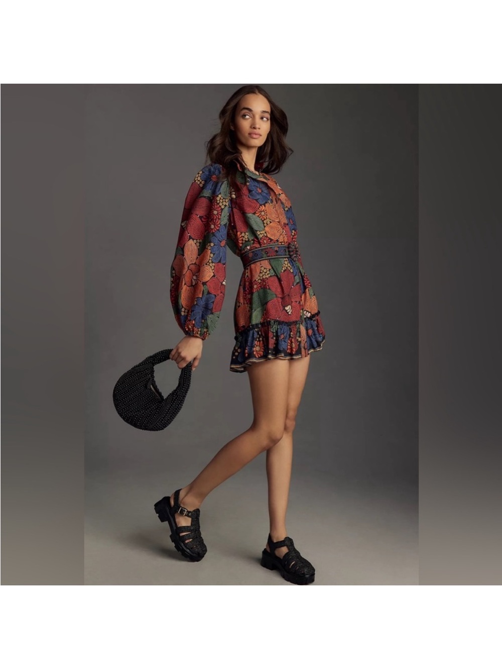 FARM RIO Multicolor Floral Long-Sleeve Ruffle Mini Dress size small